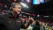 Georgia coach Kirby Smart celebrates after the winning the SEC championship game against Texas in Atlanta, on Saturday, Dec. 7, 2024. Georgia won 22-19.