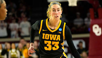 Iowa Hawkeyes guard Lucy Olsen (33) during the second round of the NCAA March Madness Women's college basketball game between University of Oklahoma Sooners and Iowa Hawkeyes at the Lloyd Noble Center in Norman, Okla., Monday, March 24, 2025.