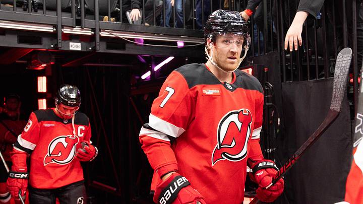 Apr 7, 2026; Newark, New Jersey, USA; New Jersey Devils defenseman Dougie Hamilton (7) before the game against the Philadelphia Flyers at Prudential Center. Mandatory Credit: Luther Schlaifer-Imagn Images