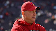 Nov 1, 2025; Blacksburg, Virginia, USA;  Louisville Cardinals head coach Jeff Brohm looks on before the game against the Virginia Tech Hokies at Lane Stadium. Mandatory Credit: Brian Bishop-Imagn Images