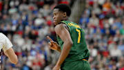 Mar 21, 2025; Raleigh, NC, USA; Baylor Bears guard VJ Edgecombe (7) celebrates during the second half against the Mississippi State Bulldogs in the first round of the NCAA Tournament at Lenovo Center. Mandatory Credit: Zachary Taft-Imagn Images