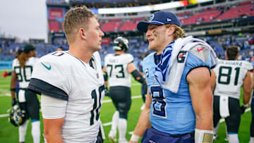 Tennessee Titans quarterback Will Levis (8) talks to Jacksonville Jaguars quarterback Mac Jones (10) after the game at Nissan Stadium in Nashville, Tenn., Sunday, Dec. 8, 2024.