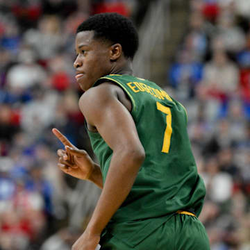 Mar 21, 2025; Raleigh, NC, USA; Baylor Bears guard VJ Edgecombe (7) celebrates during the second half against the Mississippi State Bulldogs in the first round of the NCAA Tournament at Lenovo Center. Mandatory Credit: Zachary Taft-Imagn Images