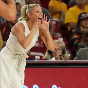 ASU Sun Devils head coach Molly Miller yells out to her team as they play the Coppin State Bald Eagles at Desert Financial Arena on Nov. 3, 2025.