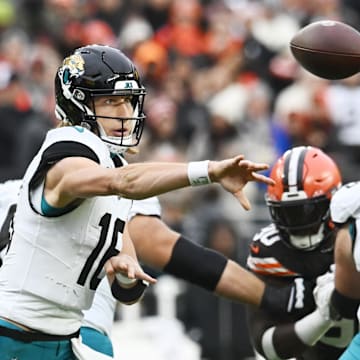 Dec 10, 2023; Cleveland, Ohio, USA; Jacksonville Jaguars quarterback Trevor Lawrence (16) throws a pass during the second half against the Cleveland Browns at Cleveland Browns Stadium. Mandatory Credit: Ken Blaze-Imagn Images