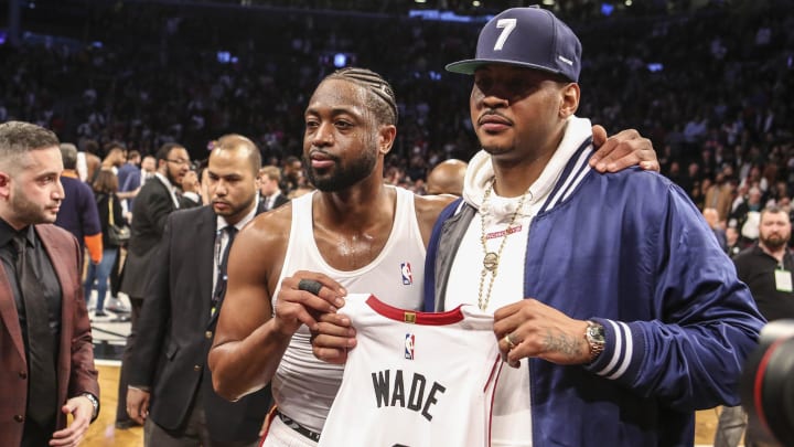 Apr 10, 2019; Brooklyn, NY, USA; NBA star Carmelo Anthony with Miami Heat guard Dwayne Wade (3) after his last game against the Brooklyn Nets at Barclays Center. Mandatory Credit: Wendell Cruz-USA TODAY Sports