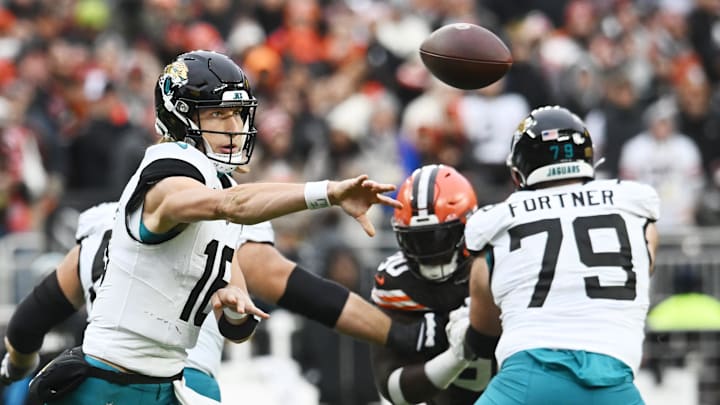 Dec 10, 2023; Cleveland, Ohio, USA; Jacksonville Jaguars quarterback Trevor Lawrence (16) throws a pass during the second half against the Cleveland Browns at Cleveland Browns Stadium. Mandatory Credit: Ken Blaze-Imagn Images