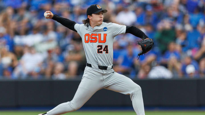 Jun 8, 2024; Lexington, KY, USA; Oregon State Beavers pitcher Aiden May (24) throws a pitch during the second inning against the Kentucky Wildcats at Kentucky Proud Park. Mandatory Credit: Jordan Prather-USA TODAY Sports