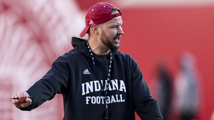 Indiana defensive coordinator Bryant Haines gives instructions during a 2024 spring practice.