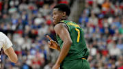 Mar 21, 2025; Raleigh, NC, USA; Baylor Bears guard VJ Edgecombe (7) celebrates during the second half against the Mississippi State Bulldogs in the first round of the NCAA Tournament at Lenovo Center. Mandatory Credit: Zachary Taft-Imagn Images