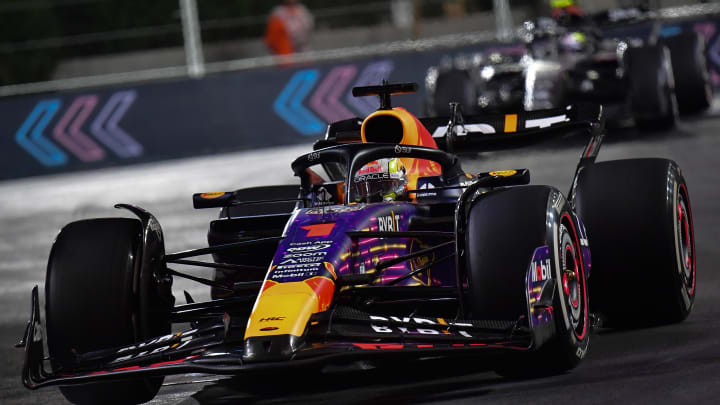 Nov 18, 2023; Las Vegas, Nevada, USA; Red Bull Racing driver Max Verstappen of The Netherlands (1) during the Las Vegas Grand Prix at Las Vegas Strip Circuit. Mandatory Credit: Gary A. Vasquez-USA TODAY Sports