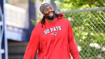 Aug 2, 2023; Foxborough, MA, USA; New England Patriots linebacker Matthew Judon (9) heads to the practice fields at Gillette Stadium. Mandatory Credit: Eric Canha-USA TODAY Sports