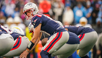 Dec 28, 2024; Foxborough, Massachusetts, USA; New England Patriots quarterback Drake Maye (10) on the field against the Los Angeles Chargers in the first quarter at Gillette Stadium. Mandatory Credit: David Butler II-Imagn Images