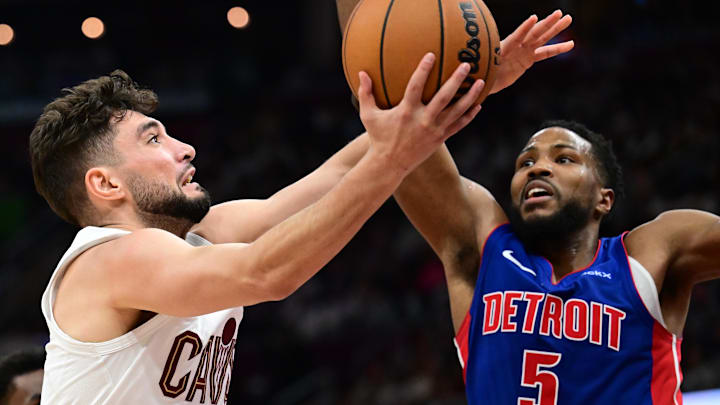 Cleveland Cavaliers guard Ty Jerome (2) drives to the basket against Detroit Pistons guard Malik Beasley (5) during the second half at Rocket Mortgage FieldHouse.