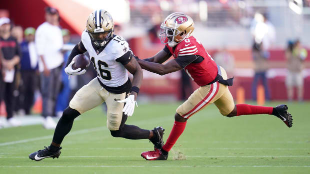 New Orleans Saints wide receiver Bub Means (16) runs a catch against the San Francisco 49ers 