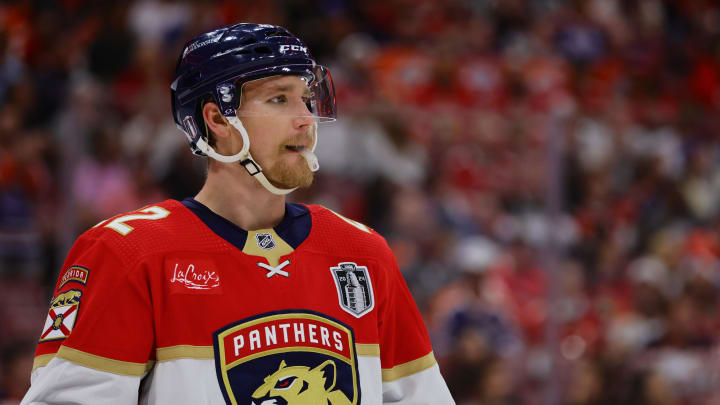 Florida Panthers defenseman Gustav Forsling during the first period against Edmonton Oilers in Game 1 of the 2024 Stanley Cup Final at Amerant Bank Arena.