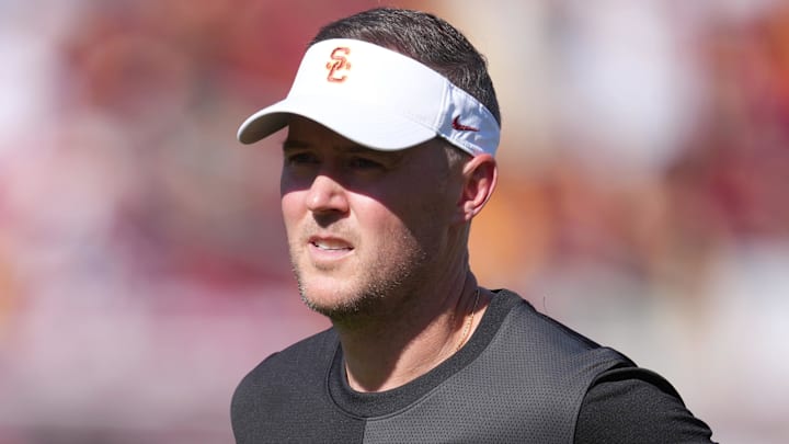 Aug 30, 2025; Los Angeles, California, USA; Southern California Trojans head coach Lincoln Riley reacts during the game against the Missouri State Bears at United Airlines Field at Los Angeles Memorial Coliseum. Mandatory Credit: Kirby Lee-Imagn Images