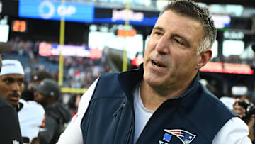 Oct 26, 2025; Foxborough, Massachusetts, USA;  New England Patriots head coach Mike Vrabel reacts to the win after the game against the Cleveland Browns at Gillette Stadium.