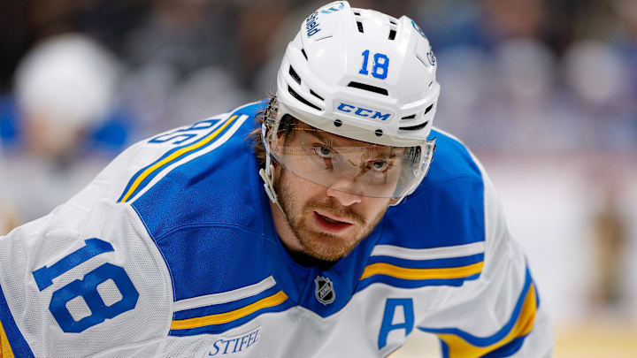 Apr 5, 2026; Denver, Colorado, USA; St. Louis Blues center Robert Thomas (18) in the third period against the Colorado Avalanche at Ball Arena. Mandatory Credit: Isaiah J. Downing-Imagn Images