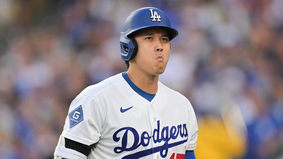 Los Angeles Dodgers two-way player Shohei Ohtani (17) reacts