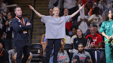 Sep 14, 2025; College Park, Georgia, USA; Indiana Fever guard Sophie Cunningham (8) reacts to a call against the Atlanta Dream in the fourth quarter during game one of round one for the 2025 WNBA Playoffs at Gateway Center Arena at College Park. Mandatory Credit: Brett Davis-Imagn Images
