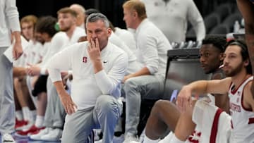 Mar 12, 2025; Charlotte, NC, USA; Stanford Cardinal head coach Kyle Smith reacts in the first half at Spectrum Center. Mandatory Credit: Bob Donnan-Imagn Images