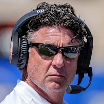 Oklahoma head coach Mike Gundy stands on the sidelines in the second half during an NCAA football game between Oklahoma State and Tulsa in Tulsa, Okla., on Saturday, Sept. 14, 2024.