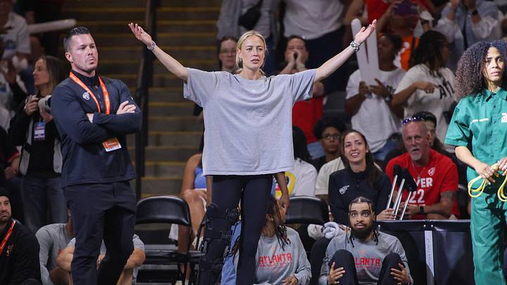 Sep 14, 2025; College Park, Georgia, USA; Indiana Fever guard Sophie Cunningham (8) reacts to a call against the Atlanta Dream in the fourth quarter during game one of round one for the 2025 WNBA Playoffs at Gateway Center Arena at College Park. Mandatory Credit: Brett Davis-Imagn Images
