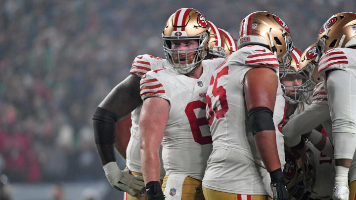 Dec 3, 2023; Philadelphia, Pennsylvania, USA; San Francisco 49ers center Jake Brendel (64) against the Philadelphia Eagles at Lincoln Financial Field. Mandatory Credit: Eric Hartline-USA TODAY Sports