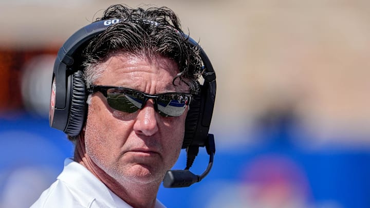 Oklahoma head coach Mike Gundy stands on the sidelines in the second half during an NCAA football game between Oklahoma State and Tulsa in Tulsa, Okla., on Saturday, Sept. 14, 2024.