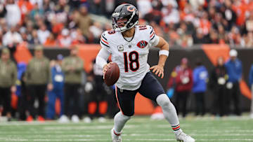 Nov 2, 2025; Cincinnati, Ohio, USA; Chicago Bears quarterback Caleb Williams (18) looks to pass the ball against the Cincinnati Bengals during the first quarter at Paycor Stadium. Mandatory Credit: Joseph Maiorana-Imagn Images