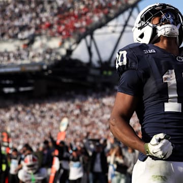 Penn State Nittany Lions running back Nicholas Singleton celebrates after scoring a touchdown during the fourth quarter against the Indiana Hoosiers at Beaver Stadium. 