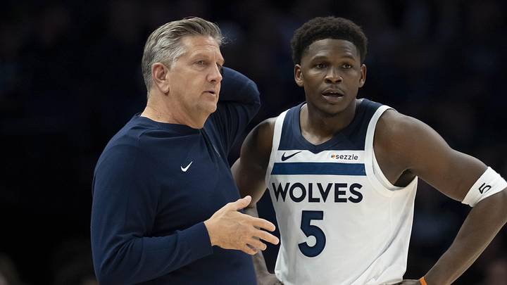 Nov 17, 2025; Minneapolis, Minnesota, USA; Minnesota Timberwolves head coach Chris Finch and Minnesota Timberwolves guard Anthony Edwards (5) looks on against the Dallas Mavericks in the second half at Target Center. Mandatory Credit: Jesse Johnson-Imagn Images