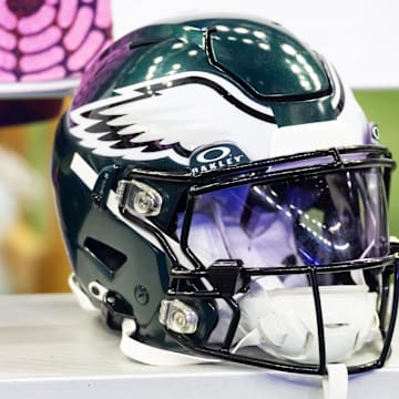 Feb 9, 2025; New Orleans, LA, USA; Detailed view of a Philadelphia Eagles helmet during Super Bowl LIX at Ceasars Superdome. Mandatory Credit: Mark J. Rebilas-Imagn Images
