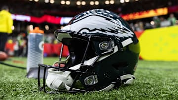 Feb 9, 2025; New Orleans, LA, USA; Detailed view of a Philadelphia Eagles helmet during Super Bowl LIX at Ceasars Superdome. Mandatory Credit: Mark J. Rebilas-Imagn Images