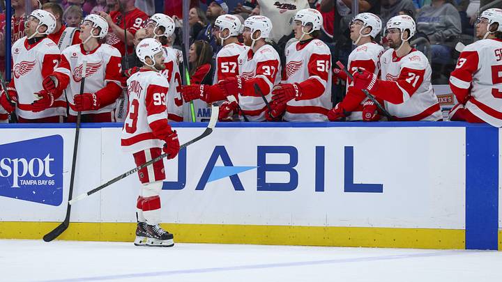 Apr 13, 2026; Tampa, Florida, USA; Detroit Red Wings right wing Alex DeBrincat (93) reacts after scoring a goal against the Tampa Bay Lightning in the third period at Benchmark International Arena. Mandatory Credit: Nathan Ray Seebeck-Imagn Images