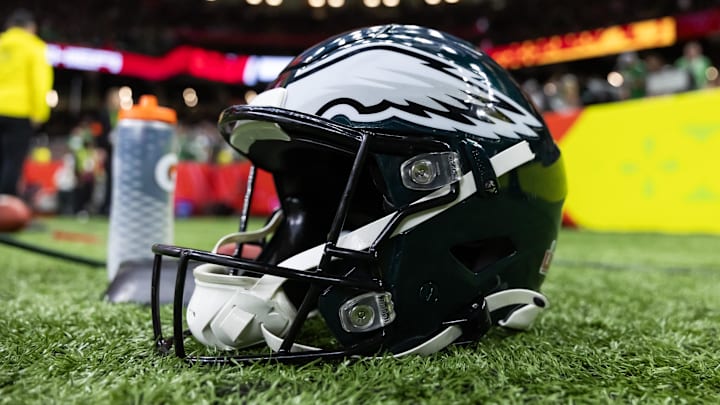 Feb 9, 2025; New Orleans, LA, USA; Detailed view of a Philadelphia Eagles helmet during Super Bowl LIX at Ceasars Superdome. Mandatory Credit: Mark J. Rebilas-Imagn Images