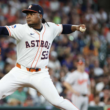 Jun 23, 2024; Houston, Texas, USA;  Houston Astros starting pitcher Framber Valdez (59) pitches against the Baltimore Orioles in the first inning at Minute Maid Park. Mandatory Credit: Thomas Shea-USA TODAY Sports