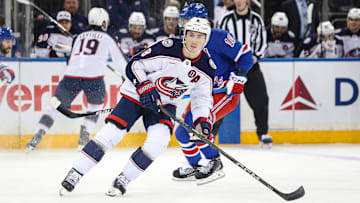Jan 18, 2025; New York, New York, USA; Columbus Blue Jackets defenseman Zach Werenski (8) skates against the New York Rangers during the second period at Madison Square Garden. Mandatory Credit: Danny Wild-Imagn Images