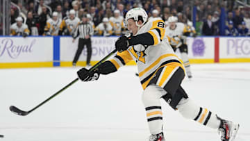 Nov 3, 2025; Toronto, Ontario, CAN; Pittsburgh Penguins forward Benjamin Kindel (81) scores his second goal against the Toronto Maple Leafs during the second period at Scotiabank Arena. Mandatory Credit: John E. Sokolowski-Imagn Images