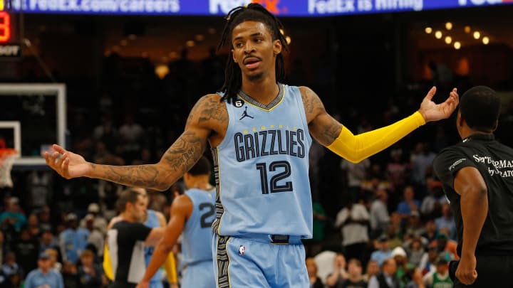 Nov 7, 2022; Memphis, Tennessee, USA; Memphis Grizzlies guard Ja Morant (12) reacts after a foul call during the second half against the Boston Celtics at FedExForum. Mandatory Credit: Petre Thomas-USA TODAY Sports