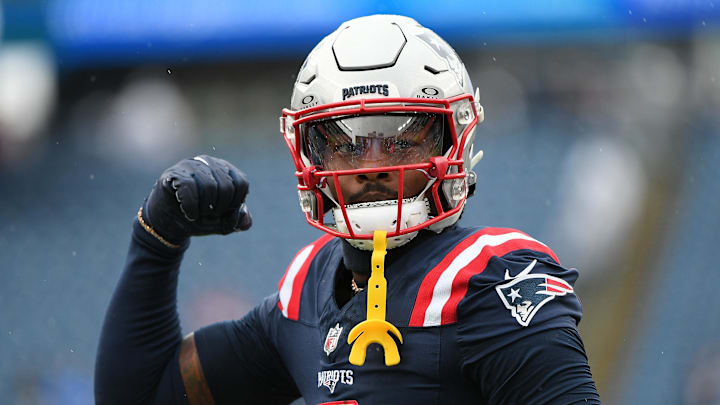 Sep 7, 2025; Foxborough, Massachusetts, USA; New England Patriots wide receiver Stefon Diggs (8) practices before the game against the Las Vegas Raiders at Gillette Stadium. Mandatory Credit: Bob DeChiara-Imagn Images