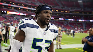 Dec 8, 2024; Glendale, Arizona, USA; Seattle Seahawks linebacker Boye Mafe (53) against the Arizona Cardinals at State Farm Stadium. Mandatory Credit: Mark J. Rebilas-Imagn Images