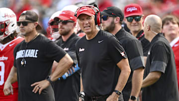 Oct 18, 2025; Houston, Texas, USA; Houston Cougars head coach Willie Fritz looks on during the third quarter against the Arizona Wildcats at TDECU Stadium. Mandatory Credit: Maria Lysaker-Imagn Images