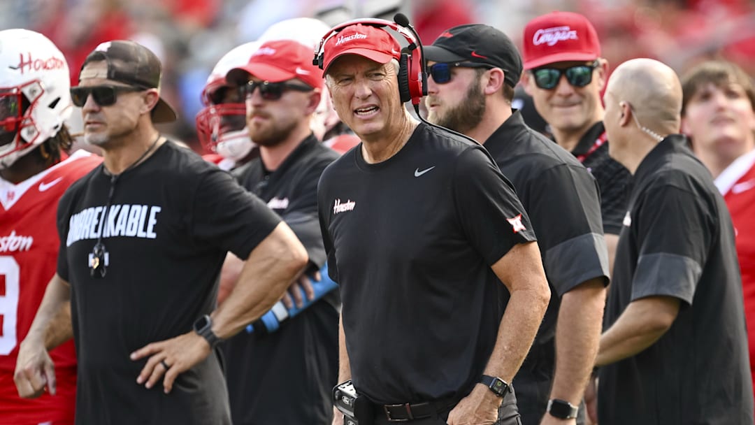 Oct 18, 2025; Houston, Texas, USA; Houston Cougars head coach Willie Fritz looks on during the third quarter against the Arizona Wildcats at TDECU Stadium. Mandatory Credit: Maria Lysaker-Imagn Images