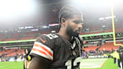 Nov 16, 2025; Cleveland, Ohio, USA; Cleveland Browns quarterback Shedeur Sanders (12) walks off the field following a game against the Baltimore Ravens at Huntington Bank Field. Mandatory Credit: Ken Blaze-Imagn Images