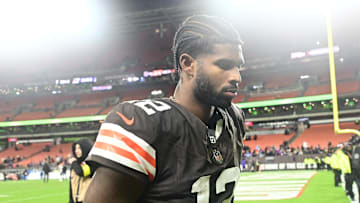 Nov 16, 2025; Cleveland, Ohio, USA; Cleveland Browns quarterback Shedeur Sanders (12) walks off the field following a game against the Baltimore Ravens at Huntington Bank Field. Mandatory Credit: Ken Blaze-Imagn Images
