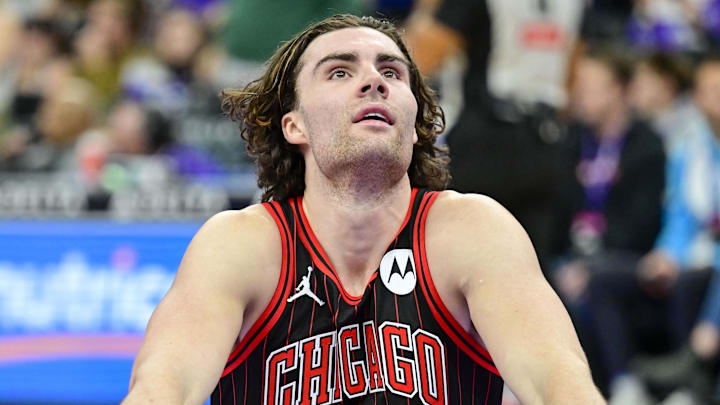 Nov 16, 2025; Salt Lake City, Utah, USA; Chicago Bulls guard Josh Giddey (3) reacts after missing a potential game winning shot during the second half against the Utah Jazz at Delta Center. Mandatory Credit: Peter Creveling-Imagn Images