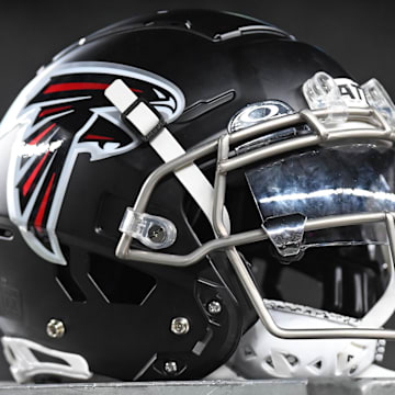 Sep 16, 2024; Philadelphia, Pennsylvania, USA; Atlanta Falcons helmet on the sidelines before game against the Philadelphia Eagles at Lincoln Financial Field. Mandatory Credit: Eric Hartline-Imagn Images