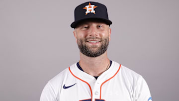 Feb 20, 2025; West Palm Beach, FL, USA;  Houston Astros first base Christian Walker (8) poses for a photo at the Houston Astros media day. 
